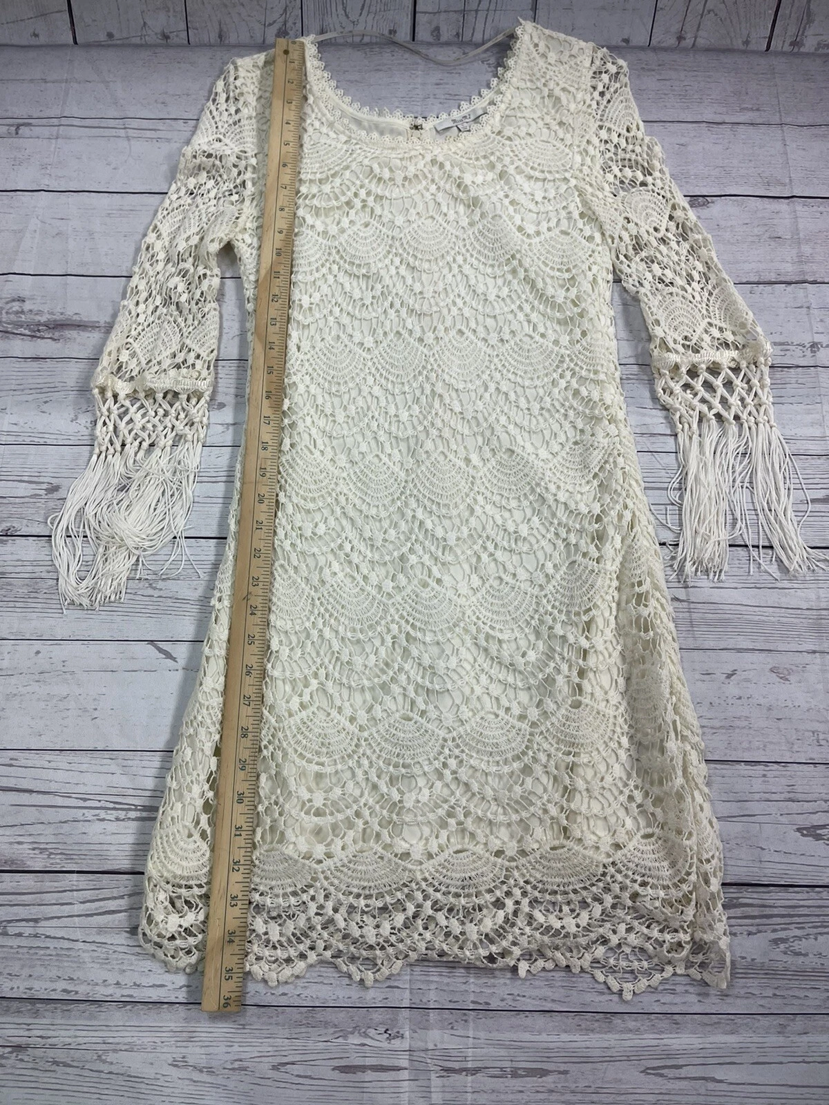 OFF WHITE Abito donna Miss Me Off bianco pizzo frange manica lunga taglia small MDD063L