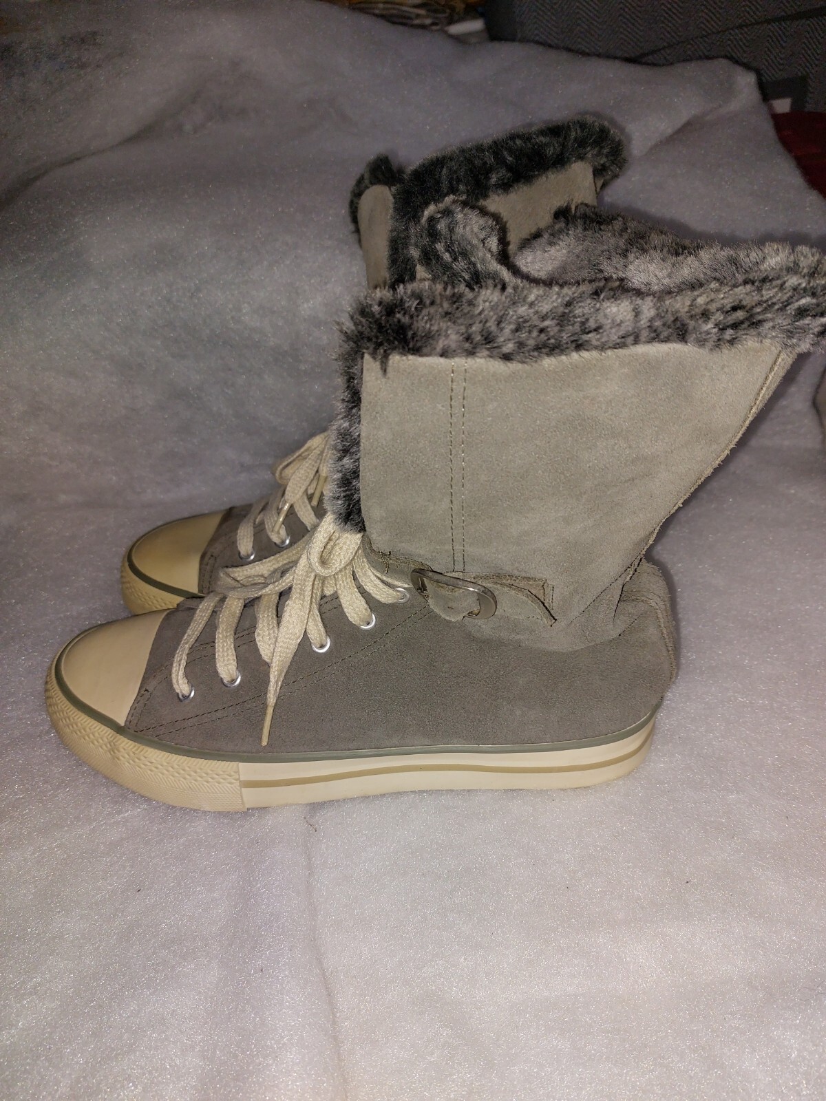 Vintage MOTO  women's grey suede hi top fur trimmed baseball Boots size UK7 EU40 image 2