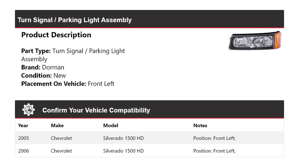 Conjunto de luces de giro/estacionamiento Dorman para Chevrolet Silverado 1500 HD 2005-2006 Foto 2 de 4