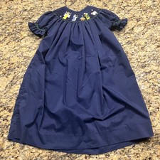 Vintage Navy Blue Smocked Nativity Christmas Bishop Dress Kids Size 3 Hand Made