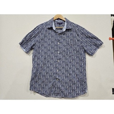 Alan Flusser Men's Blue White Palm Leaf Print Short Sleeve Button Shirt Large