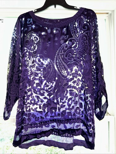 Chicos Women’s XL Burnout Sheer Blouse Purple Paisley/Leopard Silk Blend Popover