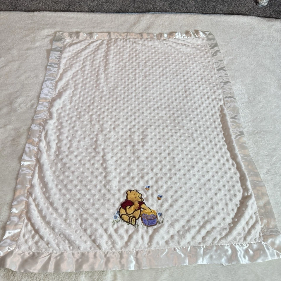 Vintage Kids Line Winnie The Pooh Baby Blanket White Minky Dot Satin Trim 29x40 - Image 3 of 4
