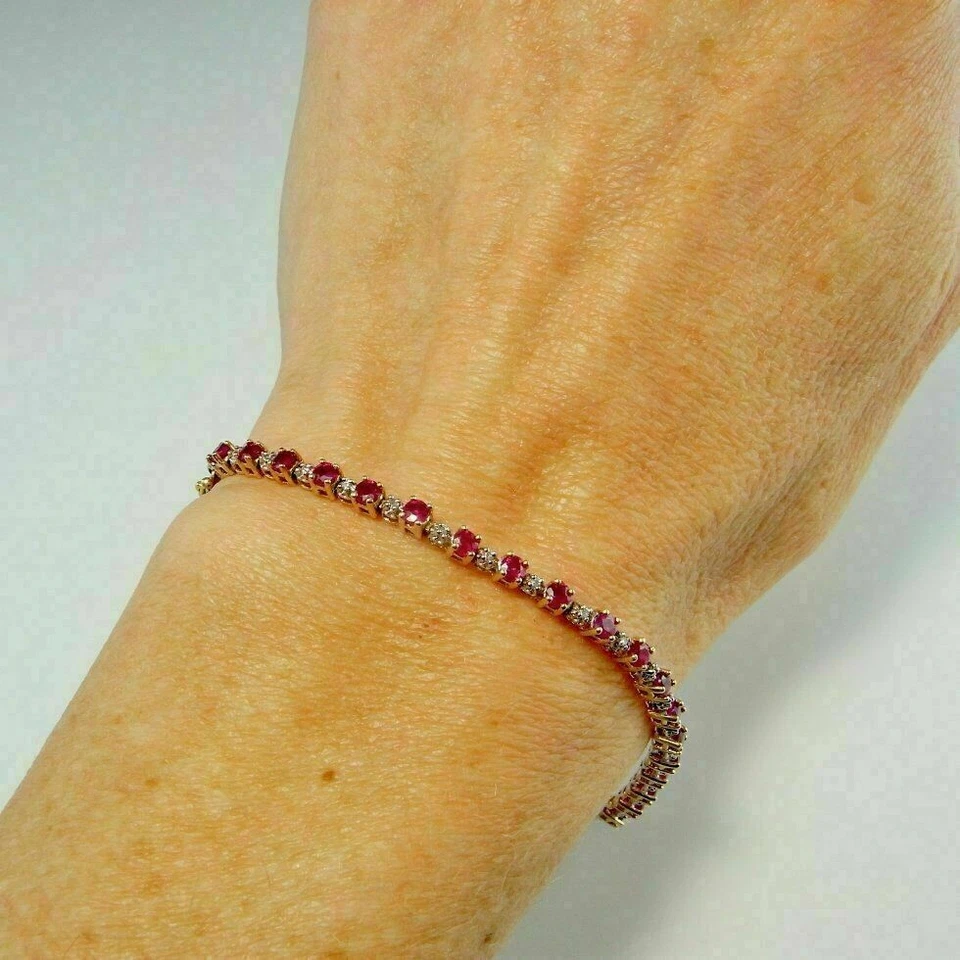 14K Yellow Gold Plated 5.00 Ct Round Cut Red Ruby & Diamond Tennis Bracelet - Image 3 of 4