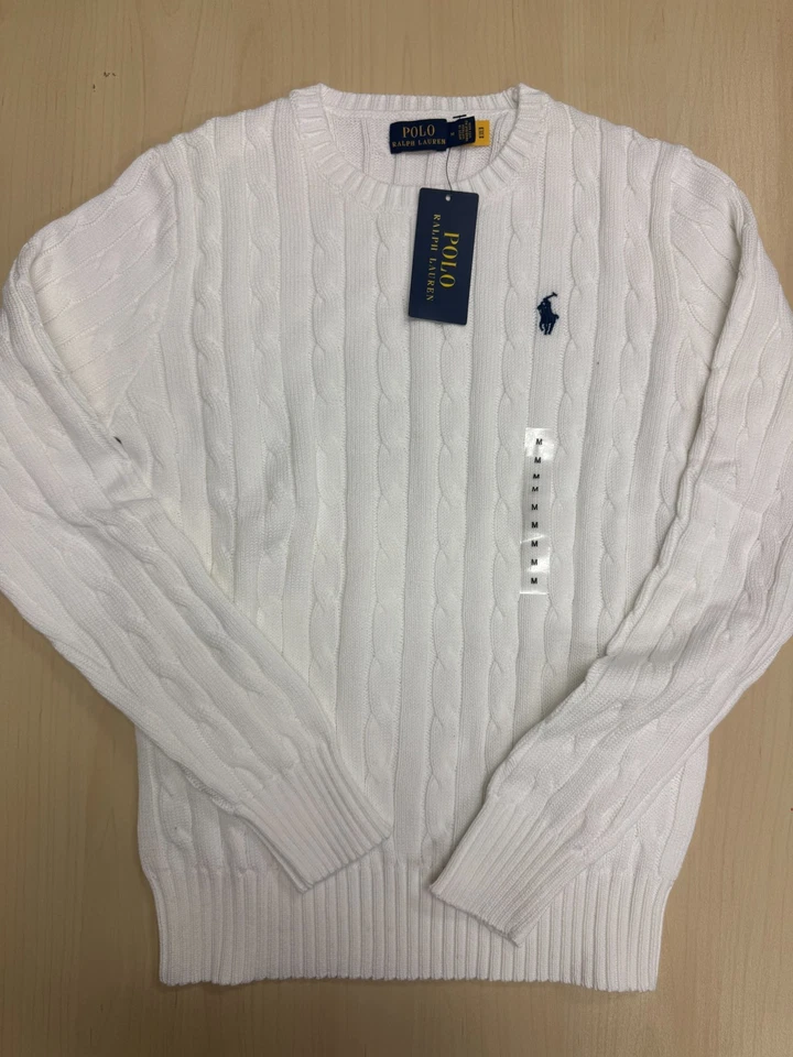  Suéter Polo Ralph Lauren Para Mujer Mediano Tejido con Cable Algodón Cuello Redondo Blanco Foto 4 de 4