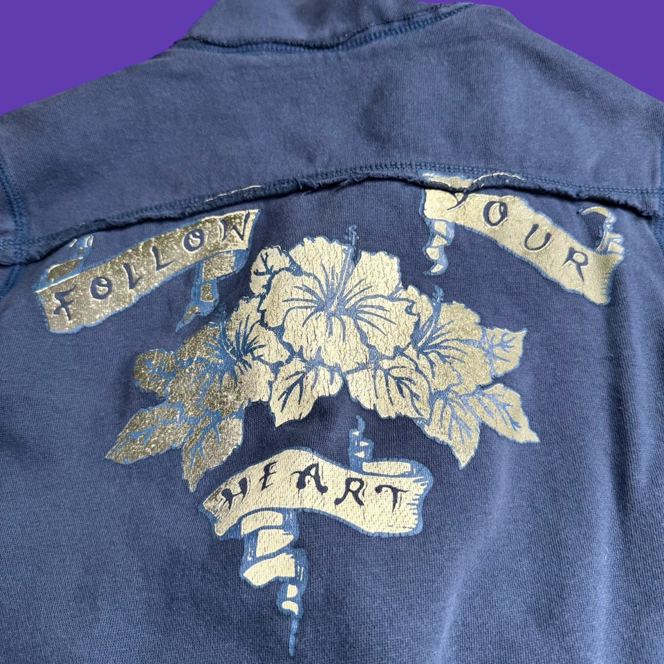 Roxy Womens Large Sweatshirt Vintage Distressed Hawaiian Flowers Blue Full Zip - Image 2 of 4