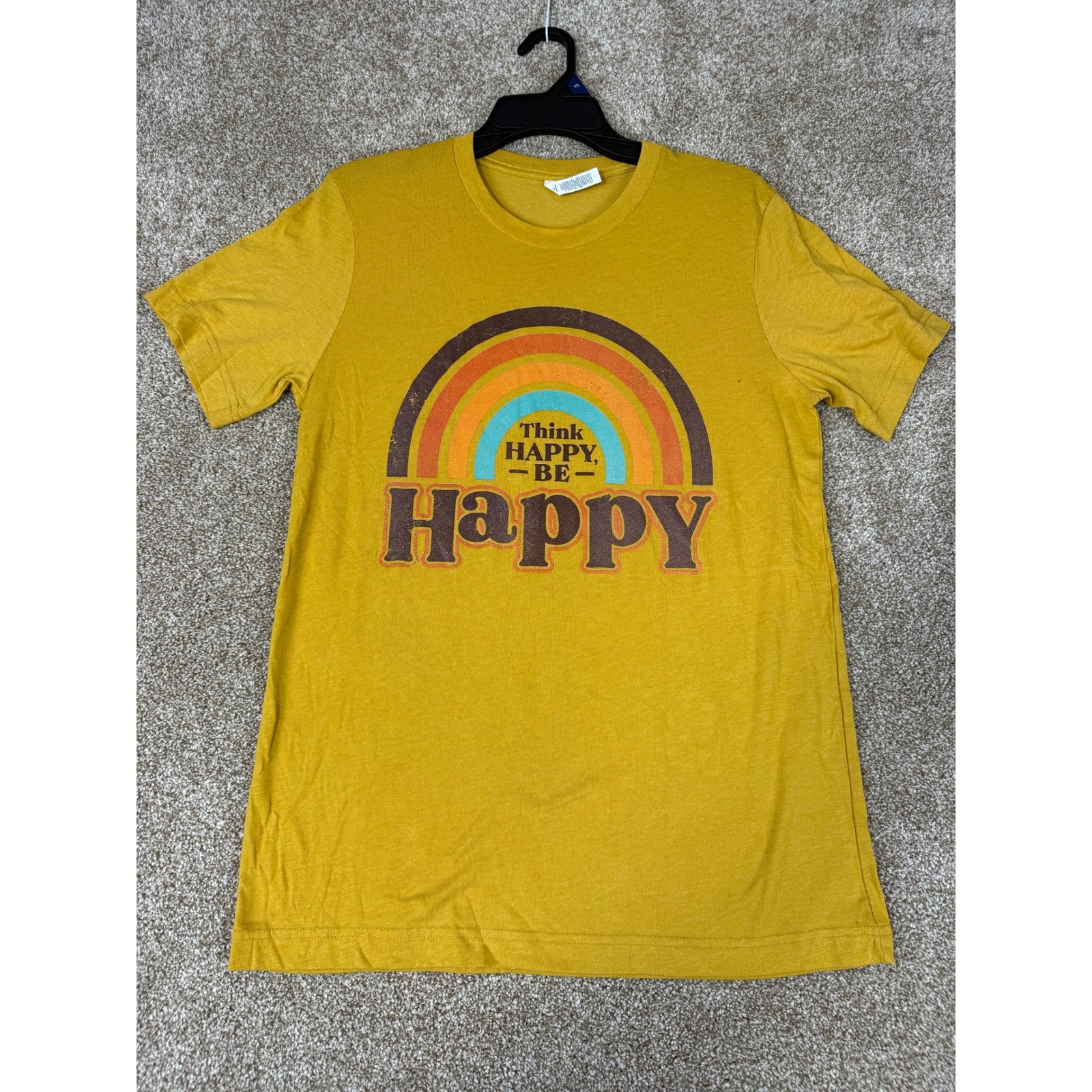 Bella Canvas Mustard Yellow Think Happy Be Happy Rainbow T-Shirt Medium Boho Sun