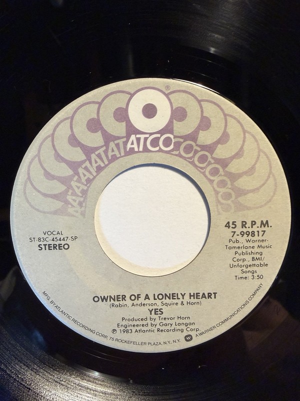 Yes “Owner Of A Lonely Heart” Atco 7” 45 Strong VG+