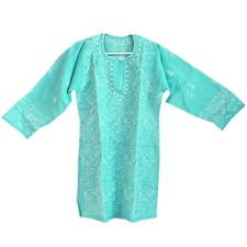 Women's Cotton Chikankari Knee length Hand embroidery Blue tunic top kurti L-36"