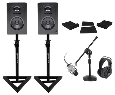 Pair Samson M50 5'' Active Studio Monitors+Stands+Pads+Headphones+Mic+Boom Stand