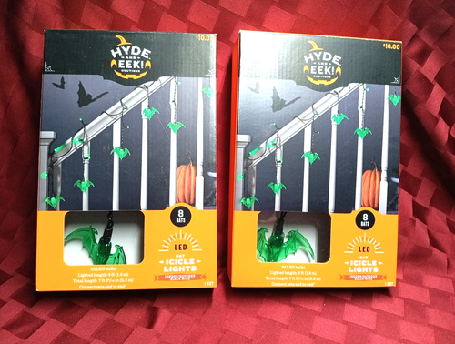 2 Boxes Hyde and Eek LED Bat Icicle Lights 8 Bats Green Light New