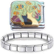 Starter Bracelet and Cats & Fish Bowl Italian Charm - 90s Vintage Jewelry CT6966