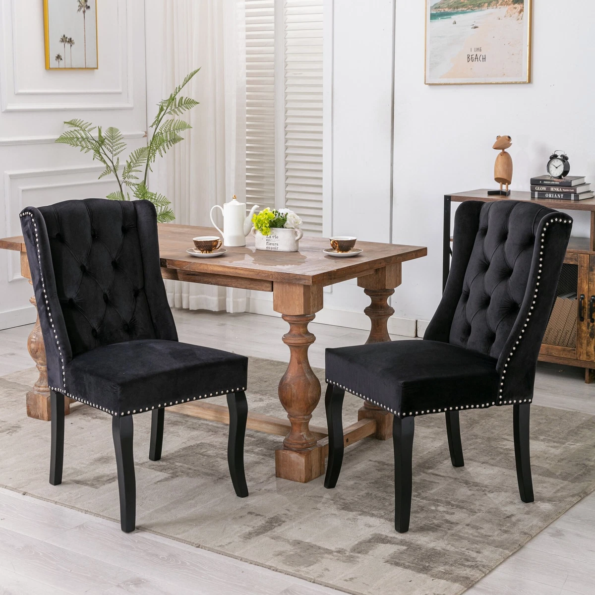 2 Set Gray Velvet Fabric Dining Chairs With Vintage Style Wood