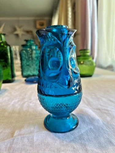 Viking Glass Owl Fairy Lamp Vintage Bluenique 6900 Glimmer Tea Candle Blue