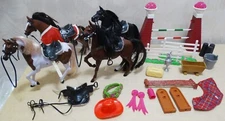 4 HORSES w bridles, saddles, accessories lot: 2010 Enertec & Battat 7X7"