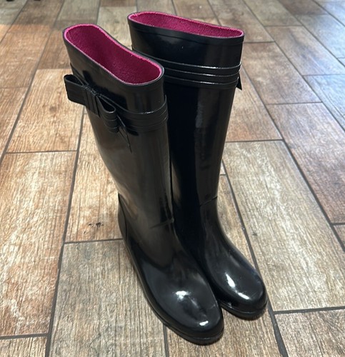 Kate Spade Women’s Sz 10 Black Gloss Rubber Heeled Knee High Rain Boots - Picture 2 of 12