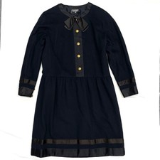 CHANEL Navy Dress M Camellia Button Gold Accents Excellent Condition
