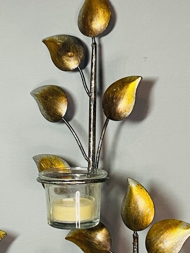 Metal Wall Sconce Leaf Pattern Tealight/Votive Candle Wall Decor w/6 Candles - Picture 9 of 11