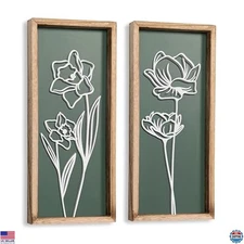 3D Floral Green Wall Art Set of 2, Lightweight Wooden Boho Decor, Ready to Hang