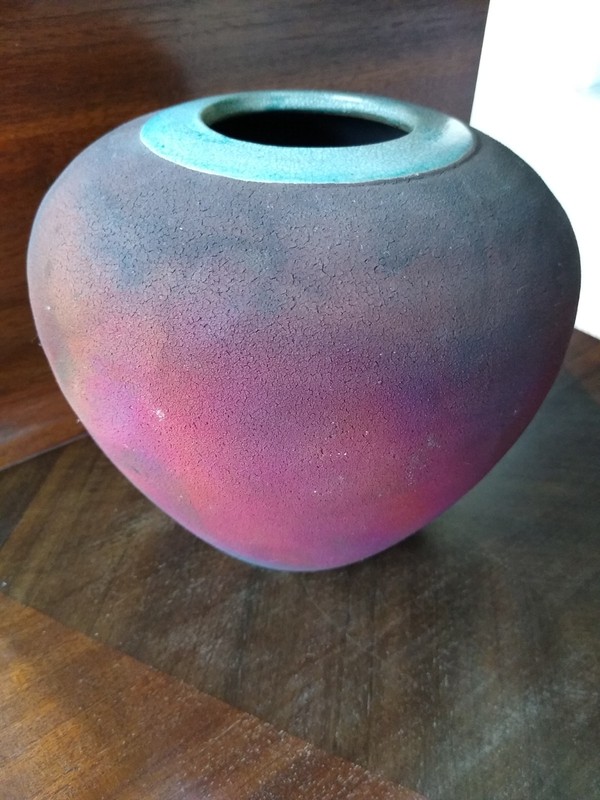 Leslie Mitchell Raku Studio Art Pottery Signed Vase 6 3/4"tall