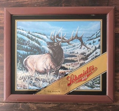 Schmidts Beer Rocky Mountain Elk Jim Tostrud Art VTG Glass Beer Advertisement 