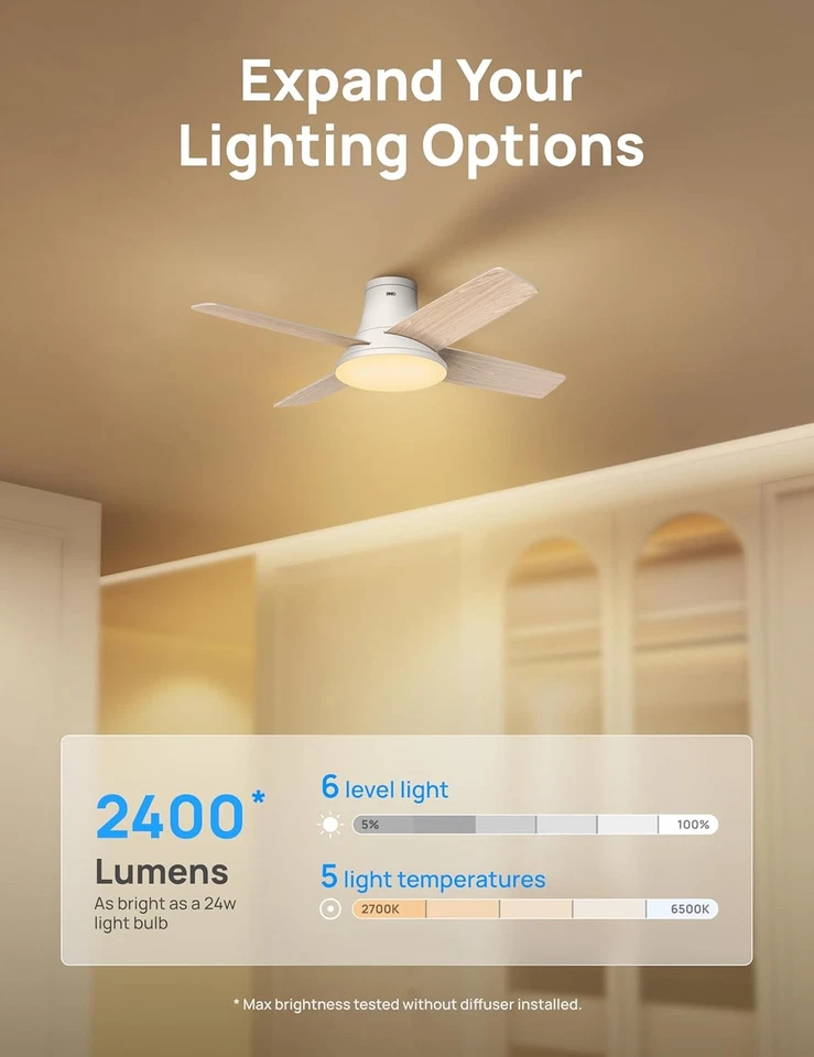Dreo Ceiling Fans with Lights and Remote, 44 inch Low Profile 44", White - Image 2 of 4
