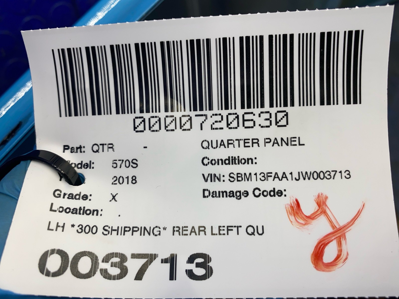 2016-2021 Mclaren 570s REAR LEFT QUARTER WING PANEL CURACAO BLUE (CUR) oem