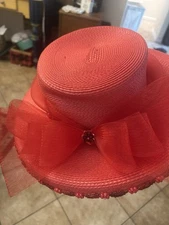 Vintage Red Hat Society Church Derby Netted Bow Pearl Beaded Rhinestone Bling