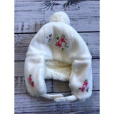 GAP Infant White Fuzzy Trapper Hat with Pink Flower Embroidery 6-12 Months