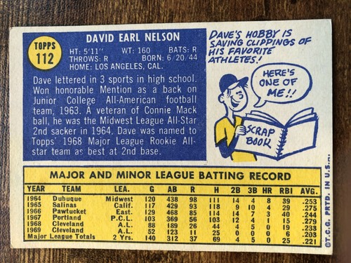 1970 Topps Baseball Card #112 Dave Nelson Cleveland Indians VG/EX - Picture 2 of 2