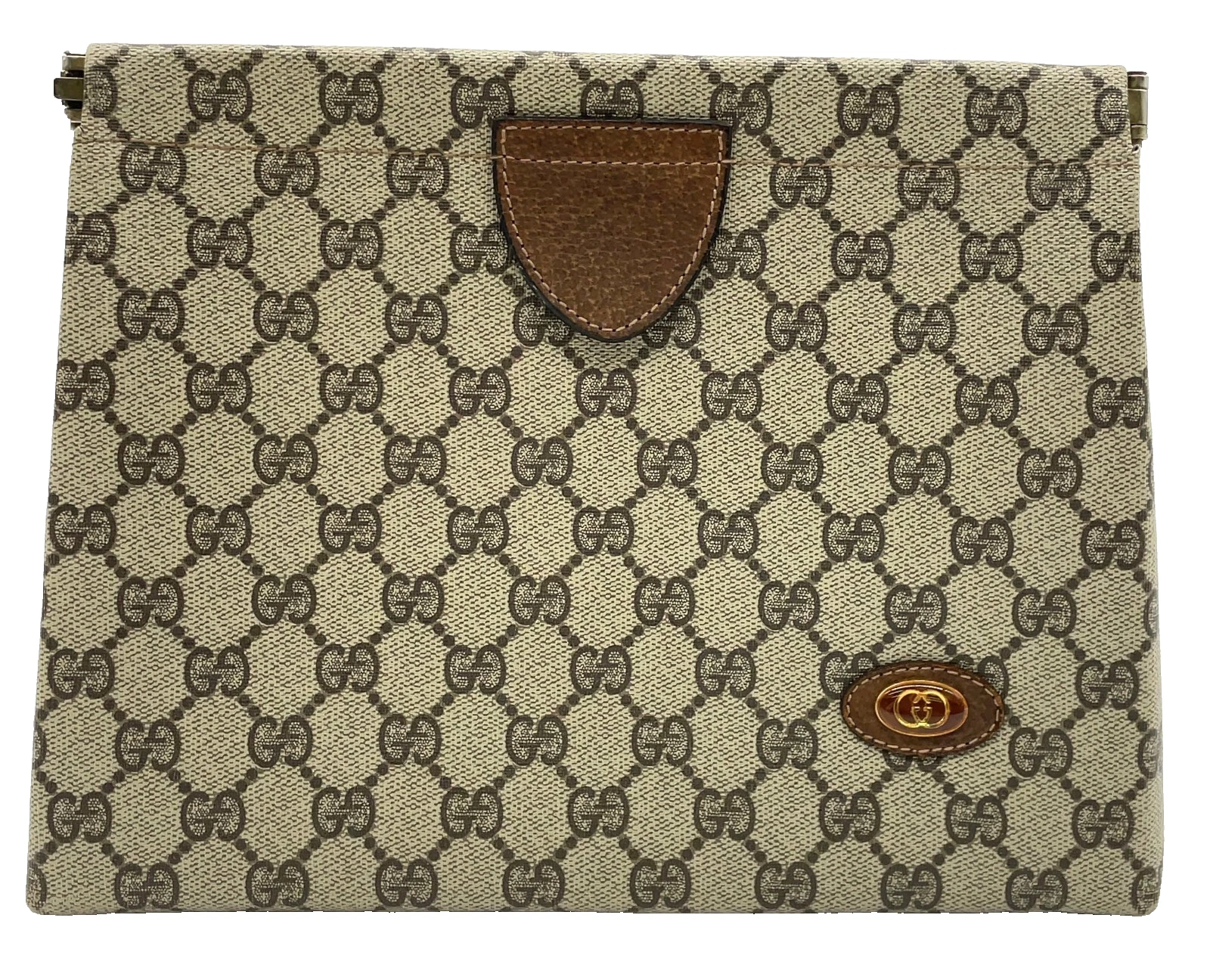 Authentique sac pochette Gucci GG Supreme PVC 7 02.383 cuir marron NS041567