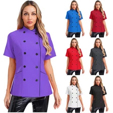 Womens Jacket Contrast Color Top Baking Coat Hotel Short Sleeve Restaurant Chef