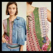 NWT Anthropologie Sigrid Embroidered Tank Top Olive Green Floral Print XS $98