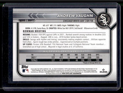 2022 Bowman motif violet Andrew Vaughn /199 #22 - Photo 2 sur 2