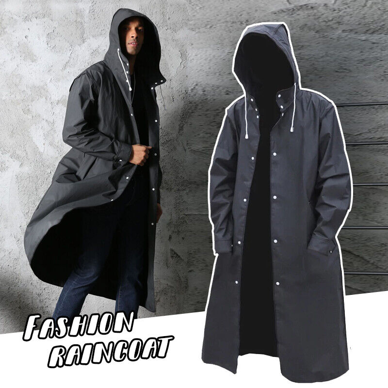 Men Rain Coat Hooded Trench Jacket Waterproof Long Black Raincoat ...