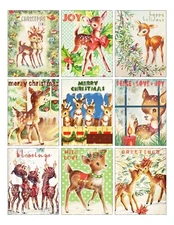 Set of 9 Vintage Retro Mid-Century Christmas Deer 8x10 Cotton FABRIC Panel