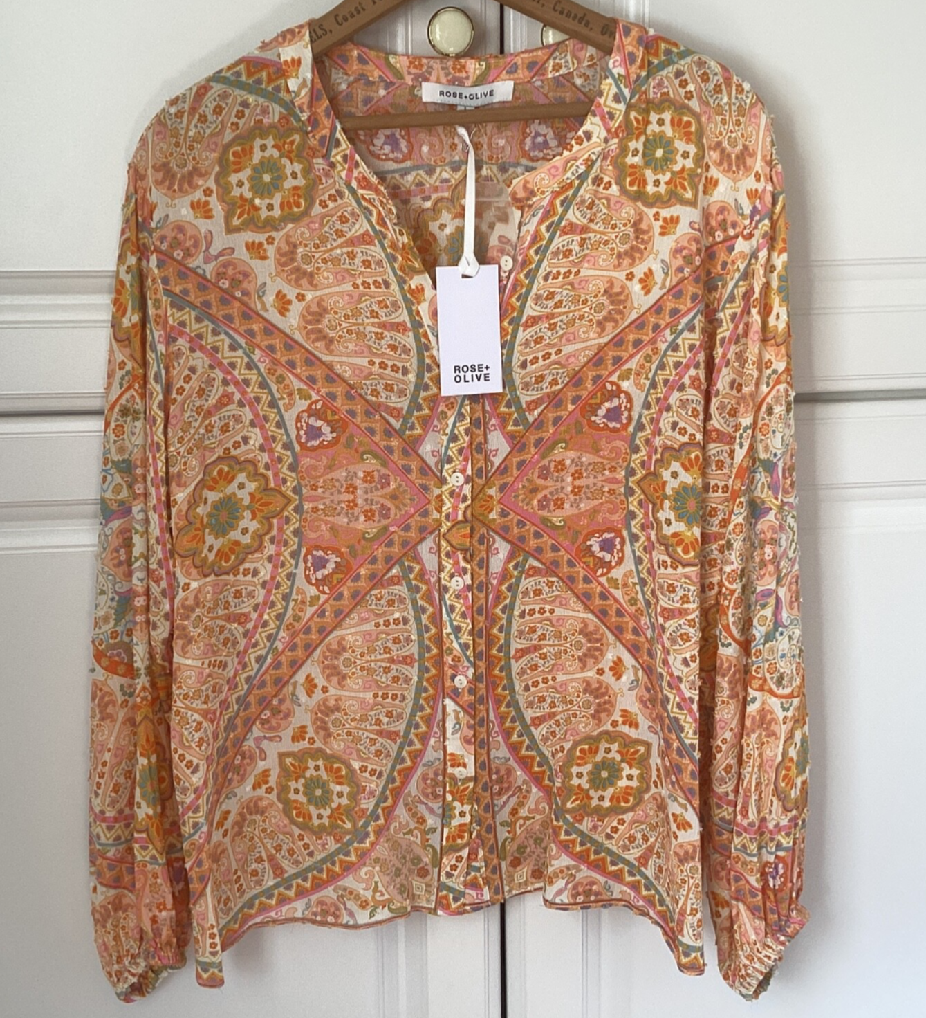 Rose & Olive Button Up Blouse Womens Lg Long Sleeve Lightweight Geometric Print