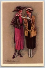 Italian Artist Mauzan~Glamour Fashion Ladies Laugh~Shared Letter~Art Deco 343-6
