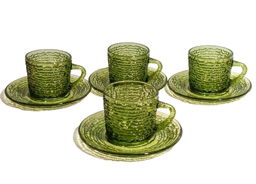 4 Vintage Anchor Hocking Avocado Green Soreno Glass Cups & Saucers