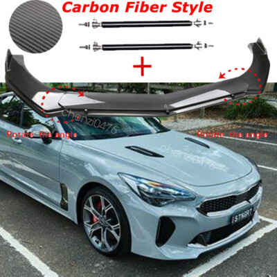 Carbon Style Dual Layers Front Bumper Lip+BLK Sturt Rod For KIA Forte Stinger GT
