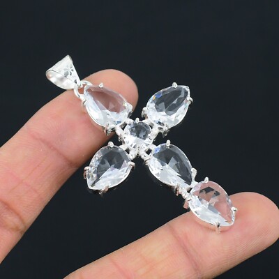 White Topaz Ethnic Handmade Cross Design Pendant Jewelry Party Wear 2.6'' CP 004