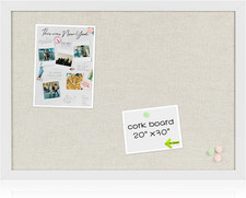 Board2By White Cork Board Bulletin Board with Linen, Wood Framed 30" X 20" Corkb