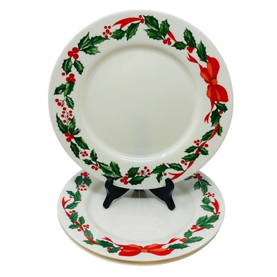 Arcopal Opal Glass Holly Berry Christmas Ribbon Dinner Plates 3 France Vintage