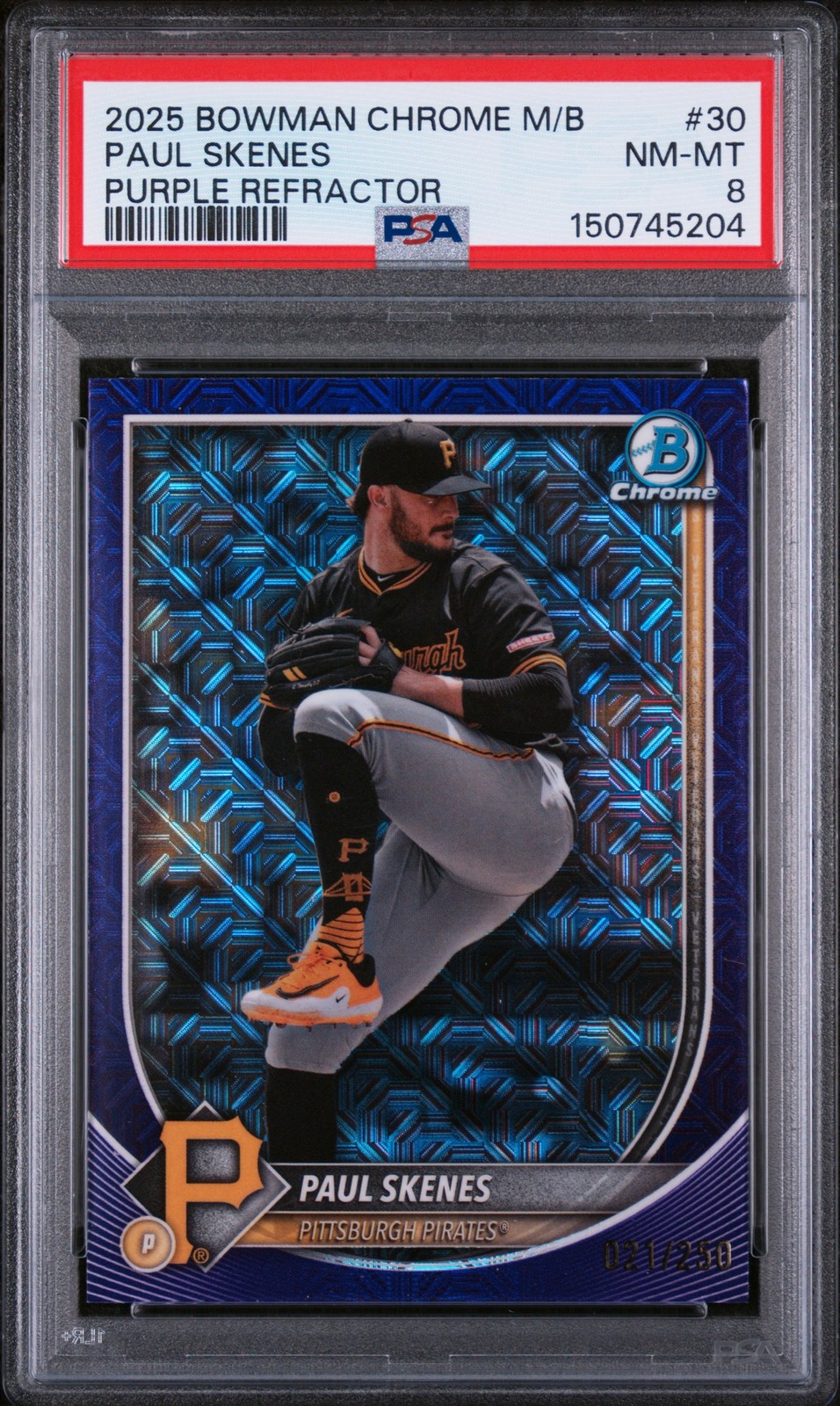 2025 BOWMAN CHROME MEGA BOX PURPLE REFRACTOR #30 PAUL SKENES 21/250 PSA 8 view 1