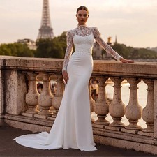 Elegant Mermaid Wedding Dresses High Neck Long Sleeves Lace Applique Bridal Gown