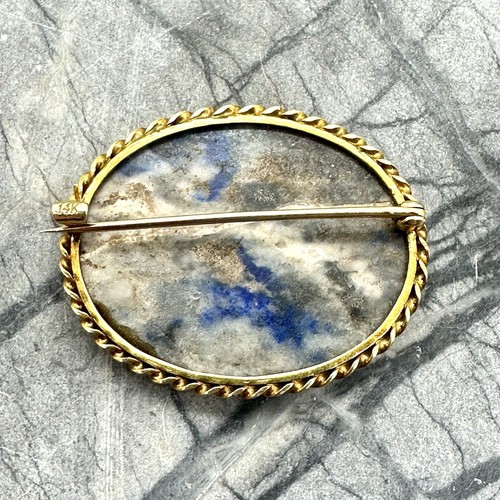 Antique 14K Pietra Dora Brooch Vibrant Lapis Lazuli Backdrop w MOP Petals - Picture 5 of 9