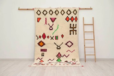 Handmade Berber Wool Azilal Rug   Cream, Colorful Tribal Design