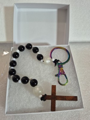 Pocket Rosary Keychain One Decade Wood Cross Black Pearl Beads Backpack Clip 