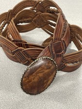 Vintage 70s Moroccan Belt Boho Western Brass Wood Inlay Brown Leather Braided