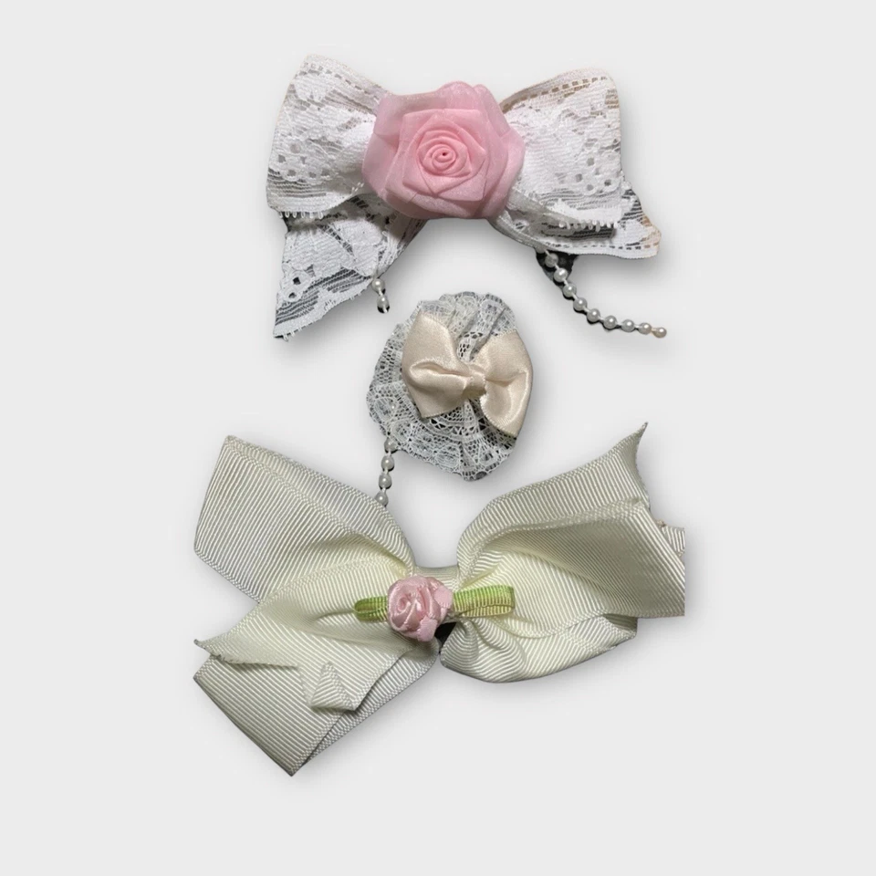 De Colección Cinta de Encaje Lazos para el Cabello Conjunto de 3 Clips Florales Nupciales Cottagecore Rosa Marfil Foto 2 de 4